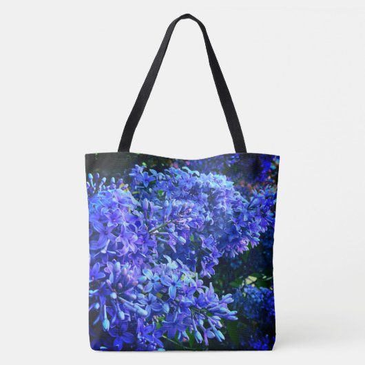Blauw paarse lilassen romantisch blauw bloemenfoto tote bag (Achterkant)