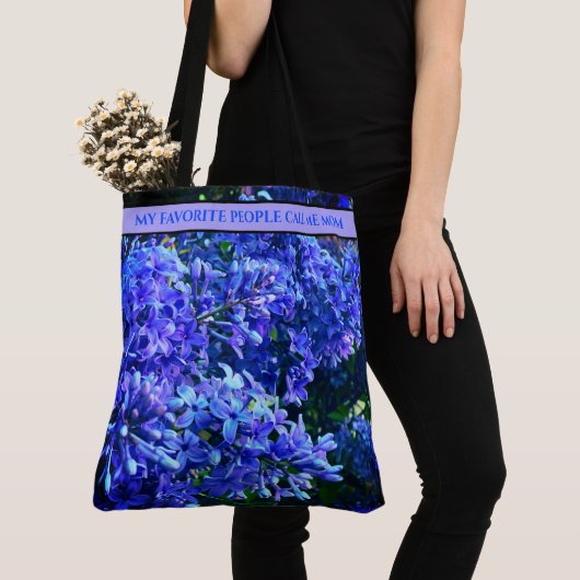 Blauw paarse lilassen romantisch blauw bloemenfoto tote bag (Dichtbij)