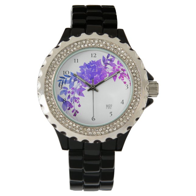 *~* Blauw Paarse magenta hortensia bloemig Horloge (Voorkant)