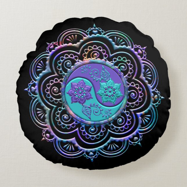 Blauw & Paarse Mandala Rond Kussen (Voorkant)