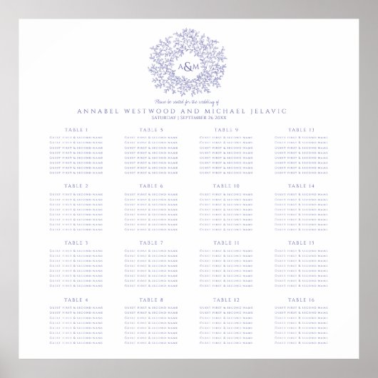 Blauw paarse monogram 16 tafel trouwkaart poster (Voorkant)