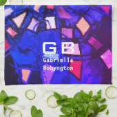 Blauw paarse monogram abstract kleurrijk levendig  theedoek (Gevouwen)