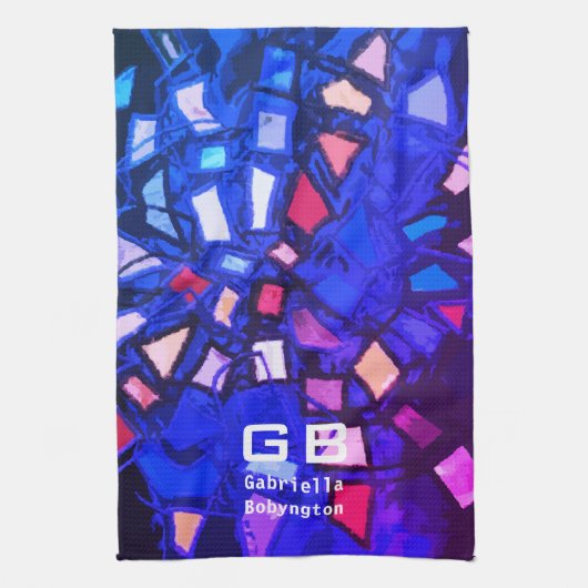 Blauw paarse monogram abstract kleurrijk levendig  theedoek (Verticaal)