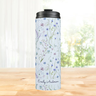 Blauw Paarse Mooie Wilde Bloem Bloemmotief Thermosbeker