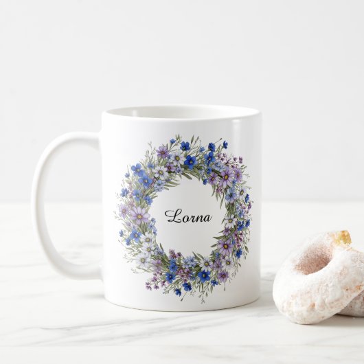 Blauw & Paarse Mooie Wildflowers Krans Custom Koffiemok (Met donut)