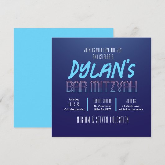 Blauw & Paarse Neon Bat Bar Mitzvah Party Kaart (Voorkant / Achterkant)