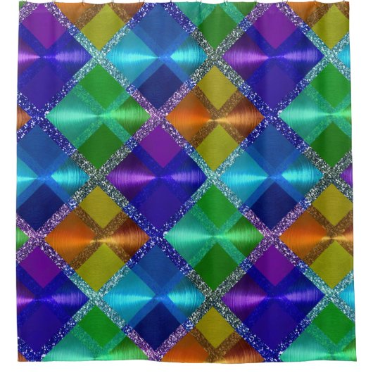 Blauw Paarse Oranje Groene Glitter Plaid Ontwerp Douchegordijn (Voorkant)
