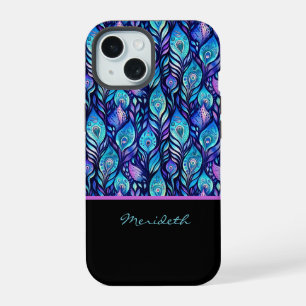 Blauw Paarse Pauwveren op Zwarte Monogram iPhone 15 Case