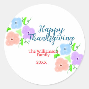 Blauw paarse roze happy thanksgiving add familie n ronde sticker