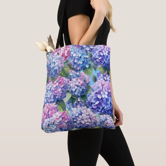 Blauw Paarse Roze Hydrangea Patroon Tote Bag (Dichtbij)
