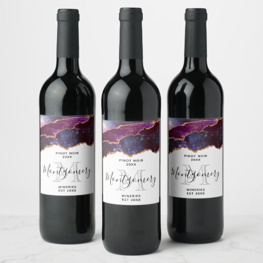 Blauw & Paarse Ruimte & Sterren Agaat Wijn Maken Wijn Etiket (Flessen)