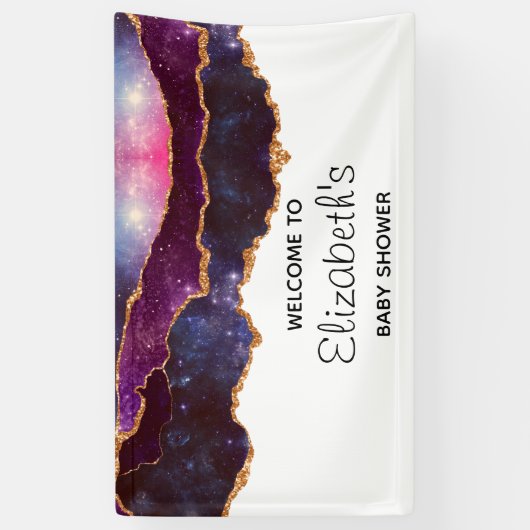 Blauw & Paarse Ruimte & Sterren Modern Baby shower Spandoek (Verticaal)