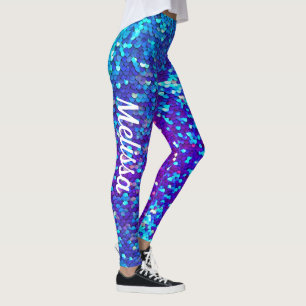 Blauw Paarse Sequin Print Mermaid Leggings