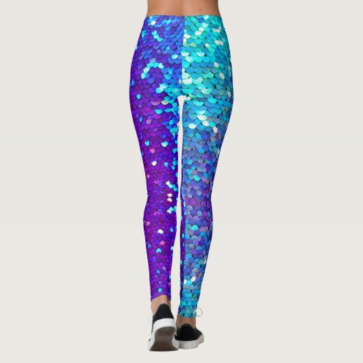 Blauw Paarse Sequin Print Mermaid Leggings (Achterkant)
