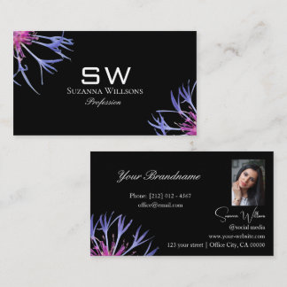 Blauw Paarse Ster Bloem Zwart met Monogram Foto Visitekaartje