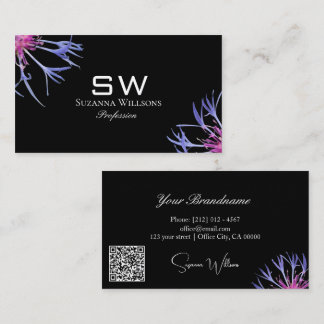Blauw Paarse Ster Bloem Zwart Monogram en QR Code Visitekaartje