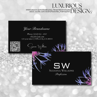 Blauw Paarse Ster Bloem Zwart Monogram en QR Code Visitekaartje