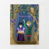 Blauw, Paarse Vlinders, Uilen, Betoverd Woud Drieluik Uitnodiging (Cover)