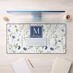 Blauw Paarse Wilde Bloem Monogram Naam Bureaumat