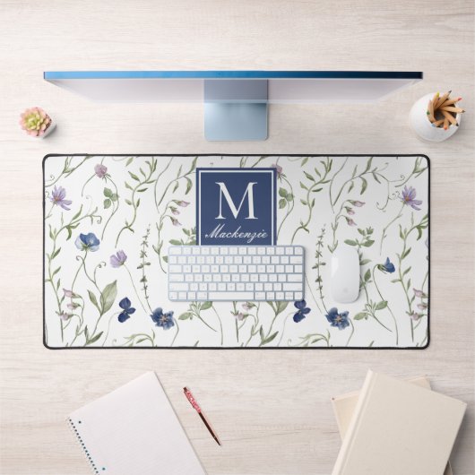 Blauw Paarse Wilde Bloem Monogram Naam Bureaumat (Kantoor 1)