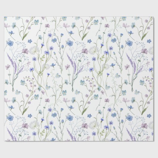 Blauw Paarse  Wildflower Bloempatroon Cadeaupapier (Vlak)