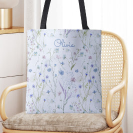 Blauw Paarse  Wildflower Bloempatroon Tote Bag