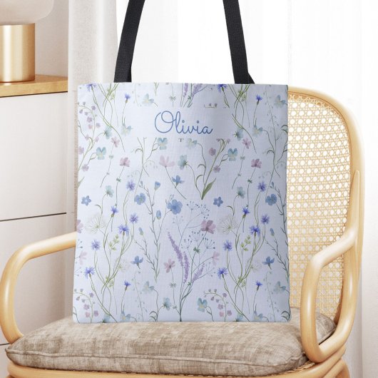 Blauw Paarse  Wildflower Bloempatroon Tote Bag