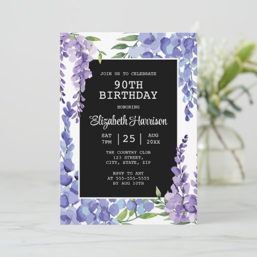 Blauw Paarse Wisteria Bloemen 90ste Verjaardag Kaart (Staand voorkant)
