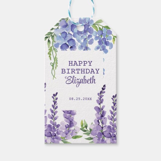 Blauw Paarse Wisteria Bloemengroen Verjaardag Cadeaulabel (Voorkant)
