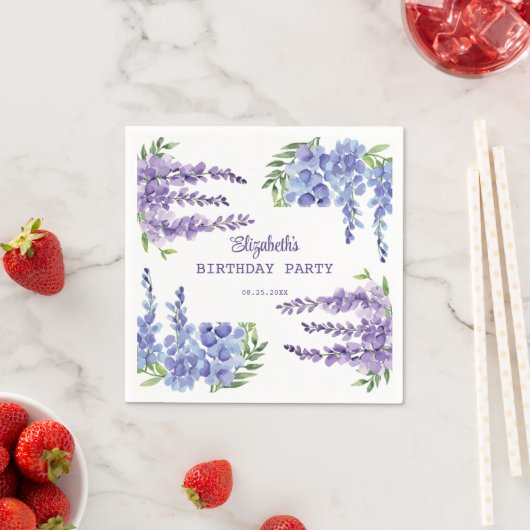 Blauw Paarse Wisteria Bloemengroen Verjaardag Servet (Insitu)