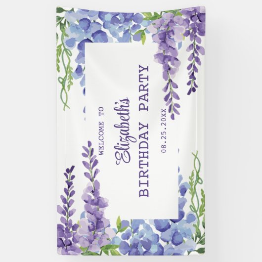 Blauw Paarse Wisteria Bloemengroen Verjaardag Spandoek (Verticaal)