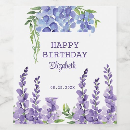 Blauw Paarse Wisteria Bloemengroen Verjaardag Wijn Etiket (Enkel label)