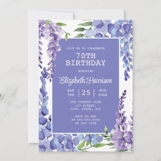 Blauw Paarse Wisteria Floral 70ste verjaardag Kaart (Voorkant)