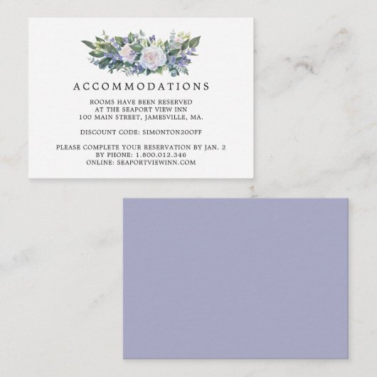 Blauw Paarse Witte Bloemen Bruiloft Accommodatie Informatiekaartje (Voorkant / Achterkant)