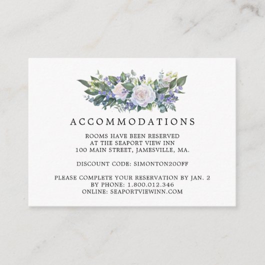 Blauw Paarse Witte Bloemen Bruiloft Accommodatie Informatiekaartje (Voorkant)