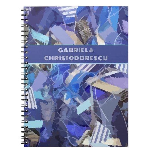 Blauw paarse witte monogram abstract streeppatroon notitieboek (Voorkant)