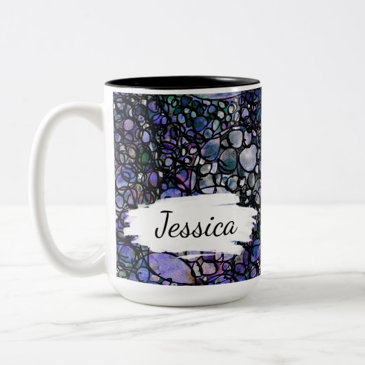 Blauw, Paarse & Zwart Abstract w Brushstrokes & Na Tweekleurige Koffiemok (Links)