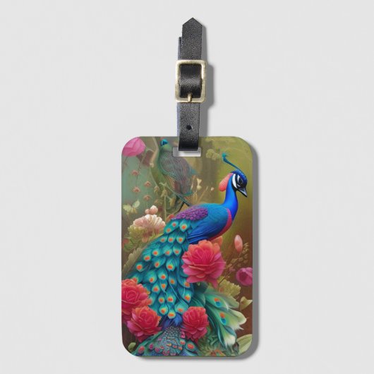 Blauw pacock in roze Rose Garden Bagagelabel (Voorkant (verticaal))