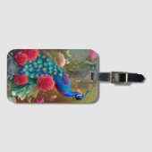 Blauw pacock in roze Rose Garden Bagagelabel (Voorkant (horizontaal))