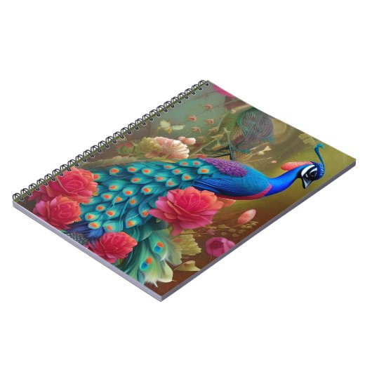 Blauw pacock in roze Rose Garden Notitieboek (Linkerzijde)