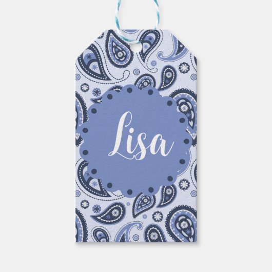Blauw Paisley Patroon Cadeaulabel (Voorkant)