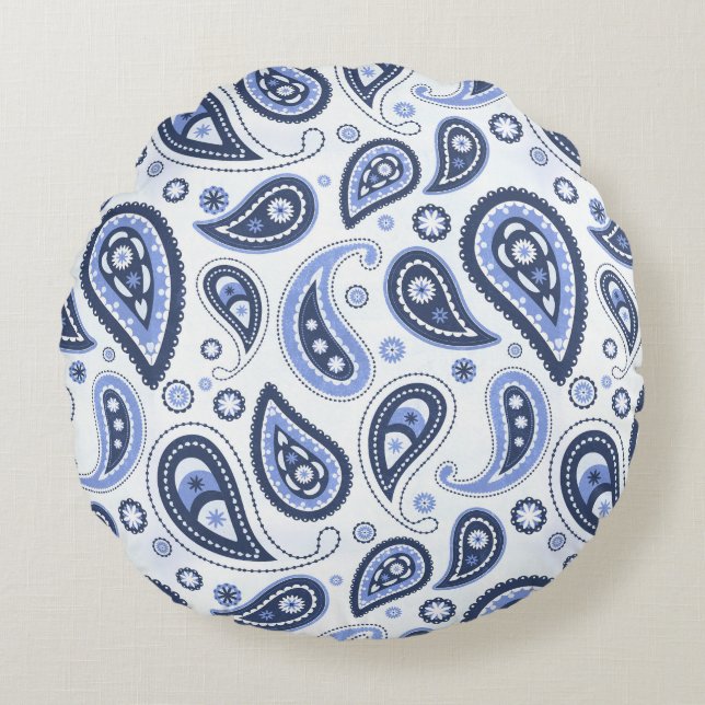 Blauw Paisley Patroon Rond Kussen (Voorkant)