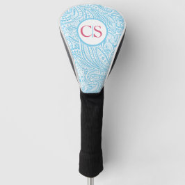 Blauw paisleypatroon en roze monogram golfheadcover