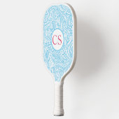 Blauw paisleypatroon en roze monogram pickleball paddle (Links)