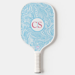 Blauw paisleypatroon en roze monogram pickleball paddle