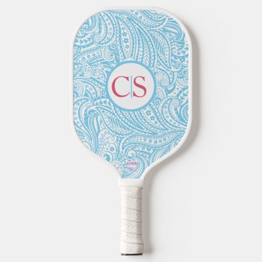 Blauw paisleypatroon en roze monogram pickleball paddle (Voorkant)