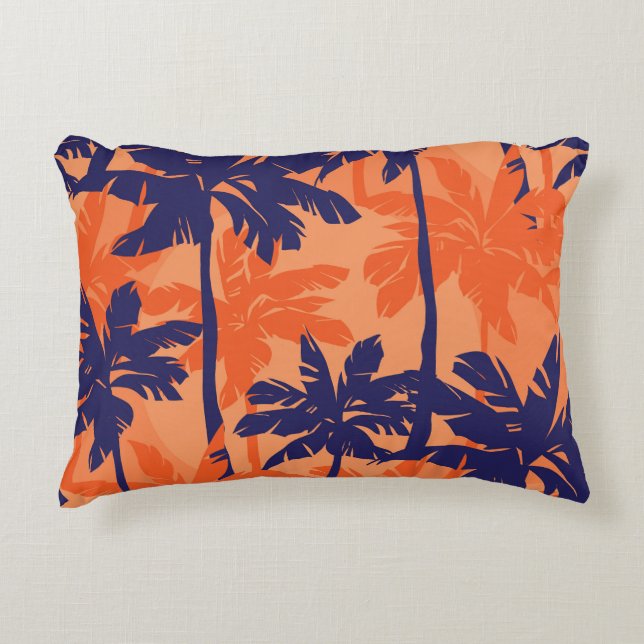 Blauw palmsilhouet, oranje achtergrond accent kussen (Voorkant)