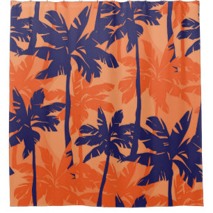 Blauw palmsilhouet, oranje achtergrond douchegordijn