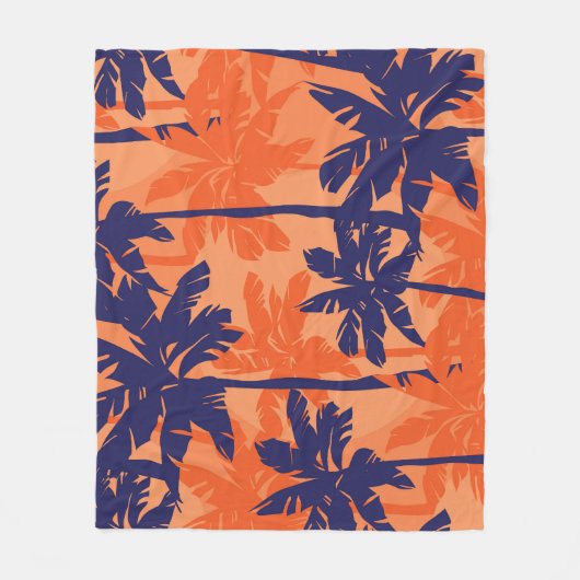 Blauw palmsilhouet, oranje achtergrond fleece deken (Voorkant)