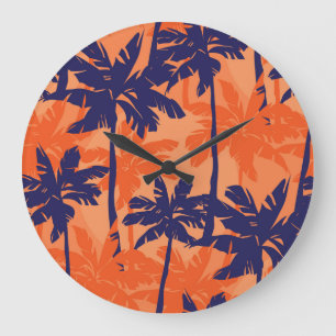 Blauw palmsilhouet, oranje achtergrond grote klok